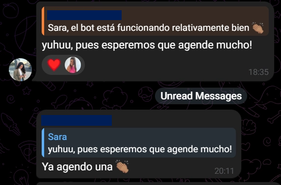Cliente — el bot está funcionando relativamente bien. Ya agendo una